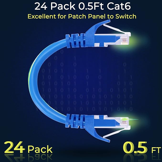 Rapink Patch Cables Cat6 0.5ft (48 Pack), Ethernet Patch Cable 10G, Cat 6 Patch Cable for Patch Panel to Switch, Flexiable Cat 6 Ethernet Cable with Gold Plated Blue