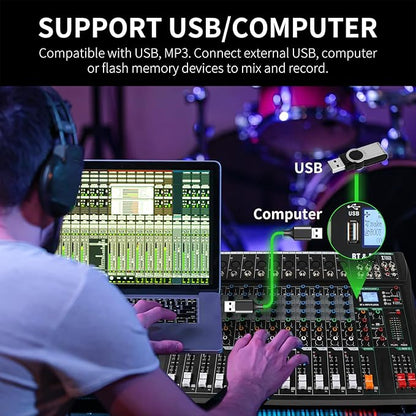 XTUGA 12 Channel Audio Mixer Sound Board Mixing Console, Audio Interface PC USB Bluetooth with 48V Phantom Digital Effect for DJ Live Recording Studio Karaoke(CT120)