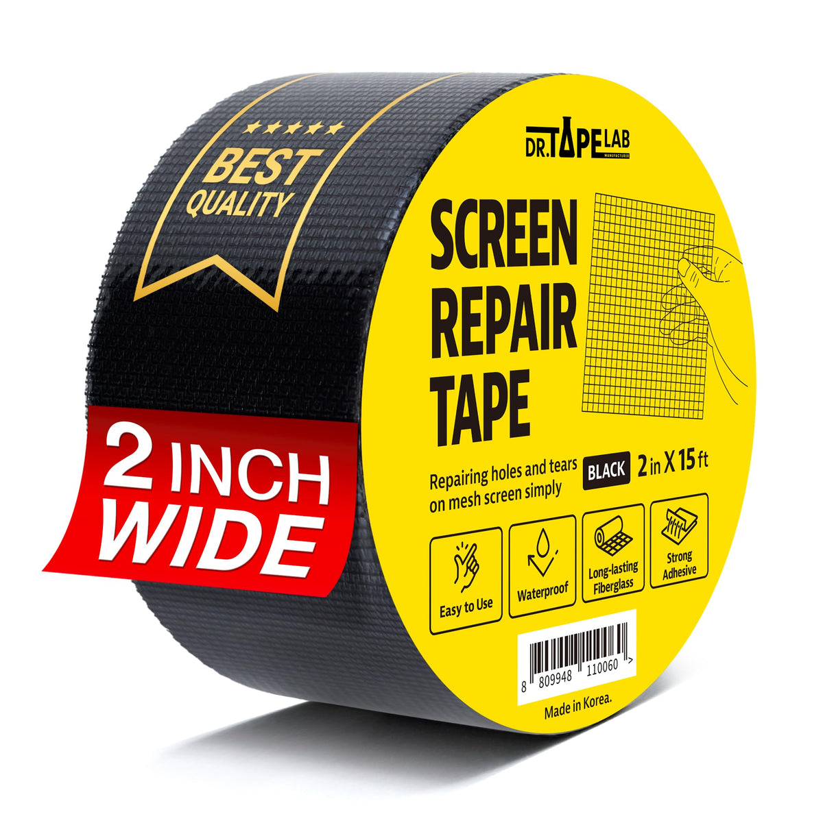 DR.TAPELAB, Black Window Screen Repair Tape, 2 in X 15 FT, Screen Repair Kit for Windows or Doors, Strong Adhesive Patch Kit Fiberglass Mesh Tape