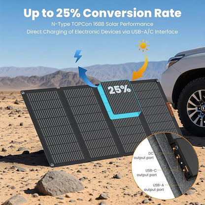 N-Type 16BB 50W Portable Solar Panels,Foldable Solar Panel Charger IP68 Waterproof with USB-A and USB-C Ports DC 18V Output for Small Power Station Outdoor Camping RV Trip
