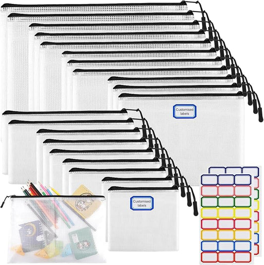 YOPCDJ 20pcs Multisize Mesh Zipper Pouch, Waterproof Bags for Office Supplies, 8 Sizes Waterproof Plastic Document Pouch, Bags for Travel Storage, Office Supply and Home Organize