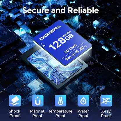DIGIERA 128GB LSU200 SDXC UHS-II Memory Card - up to 300MB/s, C10, U3, V90, 8K, SD Card for Computers, Digital Cameras, Home Theatre Devices, Car Navigation Systems (1 Pack)