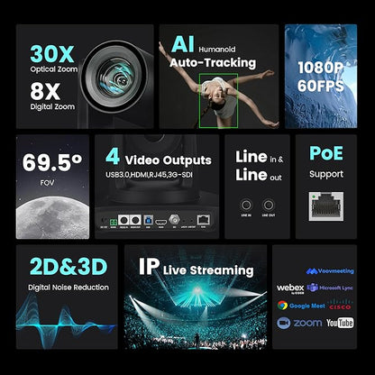 AI Auto Tracking PTZ Camera 3G-SDI/USB3.0/HDMI/LAN PoE 30X Optical and 8X Digital Zoom Live Streaming Camera 1080P 60FPS for Church Services Worship Education Events vMix OBS YouTube