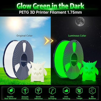 SUNLU PETG Glow in Dark Filament,1kg(White, Glow Green)
