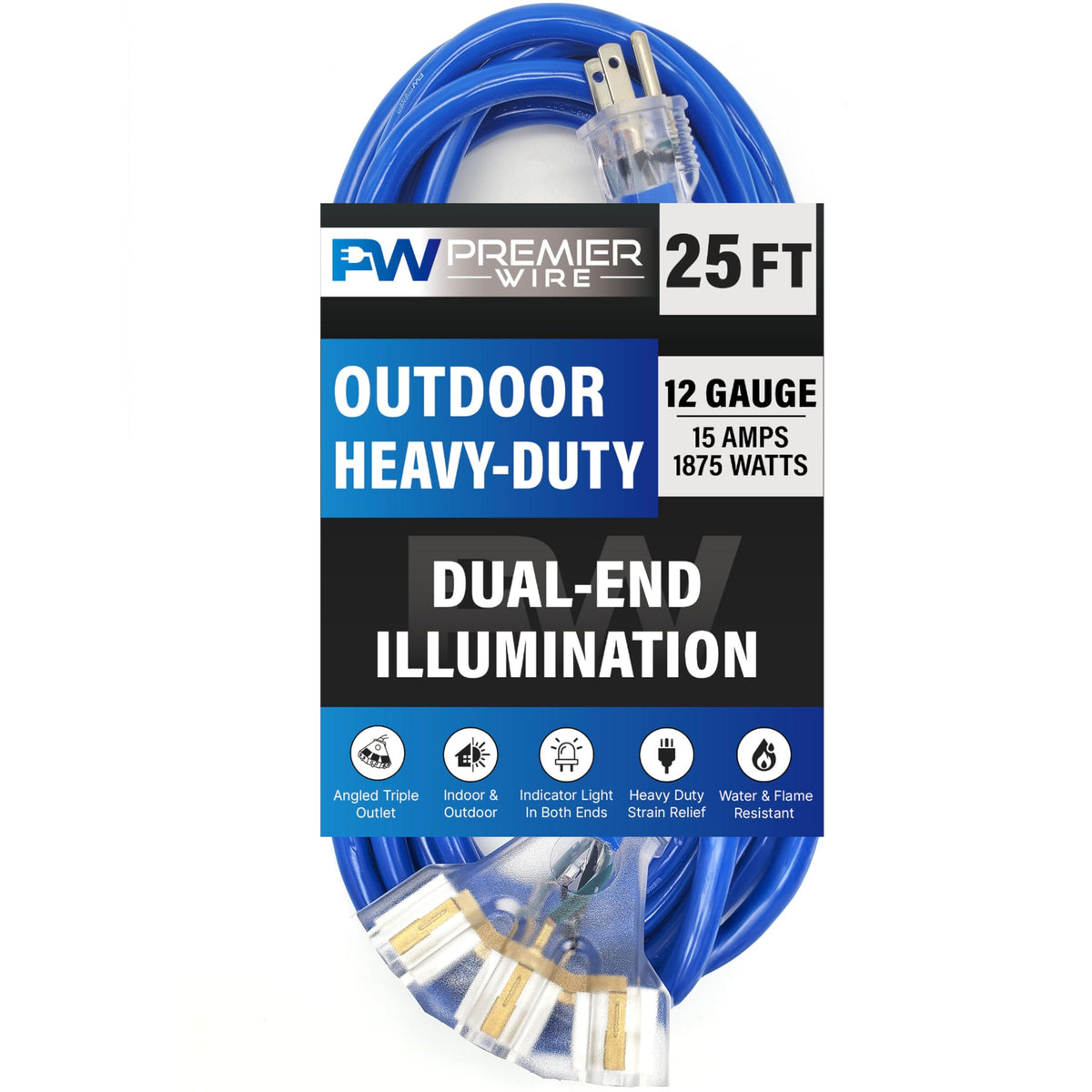 25 ft - 12 Gauge Heavy Duty Extension Cord - Lighted on Both Ends - SJTW Blue - Outdoor Extension_Cord Waterproof 25 ft by Premier Wire - 15 Amp ExtensionCord (25 Foot 12-Awg Power Cord Blue)