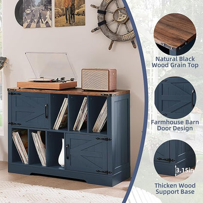 Large Record Player Stand with Vinyl Storage Up to 450 Albums, 39 Inch Farmhouse Wood Navy Blue Vinyl Records Storage Cabinet with Barn Doors, Mid-Century Turntable Stand for Living Room