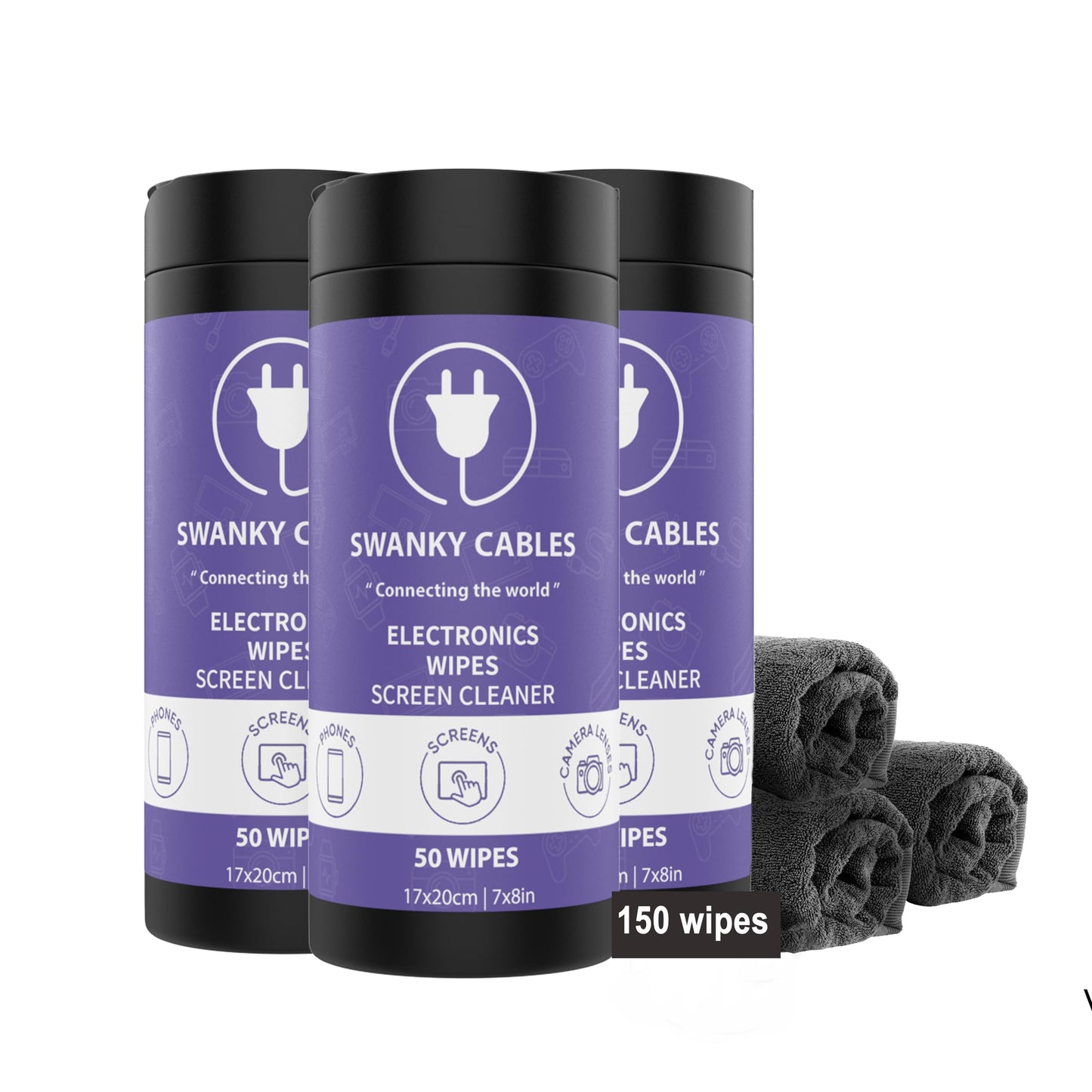 Swanky Cables Electronic Cleaning Wipes - Computer, TV, Monitor, Phone, Laptop, Tablet, Keyboard, Camera & Lens Cleaner, Portable Tech Screen Cleaner - With Microfiber Cloth - Canister, 150 Count