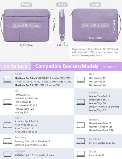 HYZUO 15-16 Inch Laptop Sleeve Bag for MacBook Pro 16 M4/M3/M2/M1 2025-2019, 15" Surface Book, Portable NoteBook Case for 15" 15.6" HP Dell Lenovo ThinkBook Asus Acer Samsung HUAWEI, Lilac Purple
