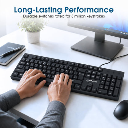 Manhattan Wired Computer Keyboard – Basic Black Keyboard - with 4.5ft USB-A Cable, 104-keys, Foldable Stands - Compatible for Windows, PC, Laptop - 3 Yr Mfg Warranty – 179324
