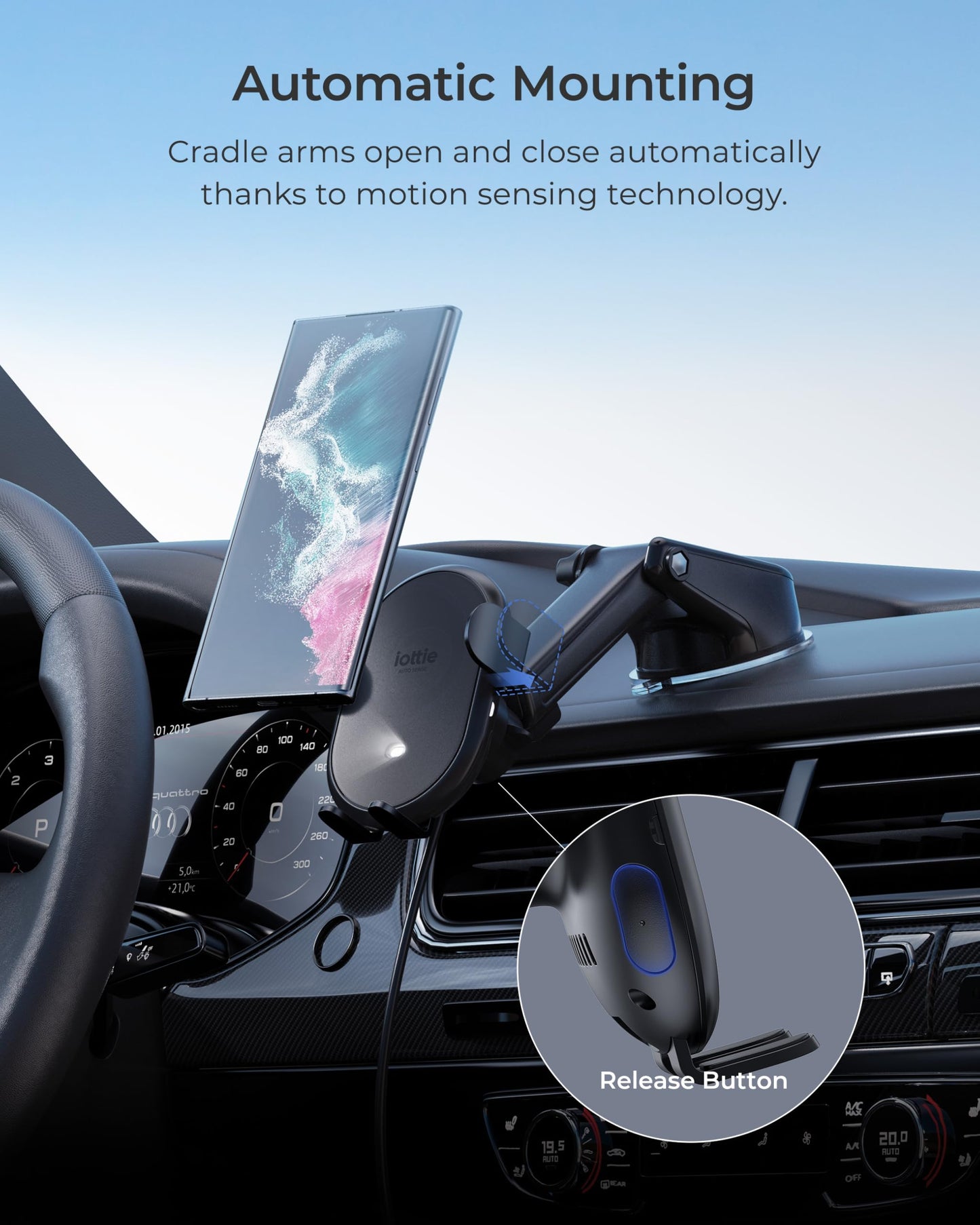 iOttie Auto Sense 2 Dash & Windshield Car Phone Holder with Qi Wireless Charging – Auto Clamping Phone Mount & Charger for iPhone, Google Pixel, Samsung Galaxy, Huawei, LG (Adapter Not Included)