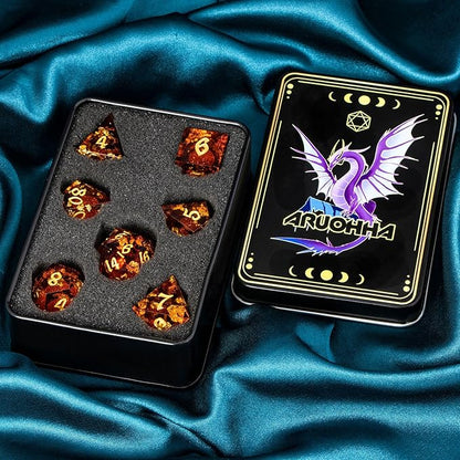 ARUOHHA Liquid Core DND Dice Set, 7pcs Resin Sharp Edged Dragons Dice Compatible with D&D Role Playing Games, RPG Golden Numbers Red Dungeons Polyhedral Dice with Gift Box, D and D Dice Set D20 D10 D6
