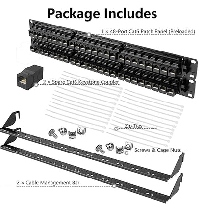 Jadaol 48 Port Patch Panel Rackmount or Wall Mount 19-Inch, 2U Cat6 Network Panel Preloaded with 48 Keystone Couplers plus 2 Spare, 10Gbps Ethernet Patch Panel with Cable Management & Back Support Bar