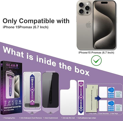2 Pack Privacy Screen Protector for iPhone 15 Pro Max, 9H Tempered Glass, Full Coverage, Anti-Fingerprint, Auto Dust-Elimination, No Bubble,Easy Installation
