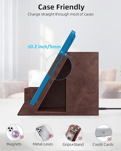 Wireless Charger with Desk Organizer, Pen Pencil Holder, Multifunctional Desktop Organizer, Office Supplies and Desk Accessories Organizer with 3 Compartments and 1 Phone Stand, Dark Brown