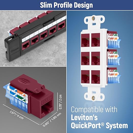 Everest 45° Angled RJ45 Cat5e Keystone Jacks 50-Pack in Red - Slim Profile Female RJ45 Connectors - Cat 5e Keystone Jack - Compatible with 45° Angled Speed Termination Tool - 45Term (B0BL3GS7ZY)