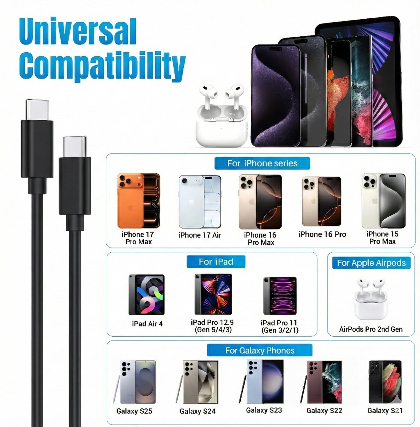 TT&C 30W USB C Fast Charger with 10FT & 6.6FT Cables for iPhone 17, 16, 15