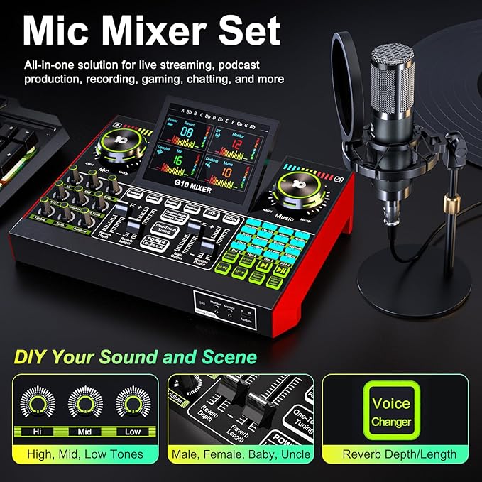 G10 podcast equipment bundled with audio mixer integrated podcast production studio, equipped with P15 microphone, used for live streaming, podcast recording PC,YouTube Recording
