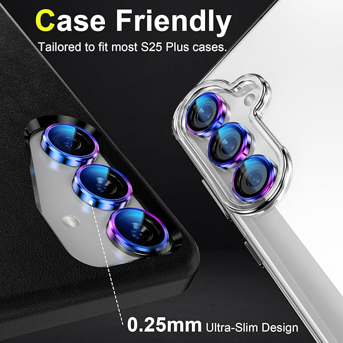 YWXTW Camera Lens Protector for Samsung Galaxy S25+ Plus Accessories [1:1 Fit & Ultra Clarity] 9H Tempered Glass Metal Individual Ring Camera Cover Screen Protector, Case Friendly (Multi-Coloured)