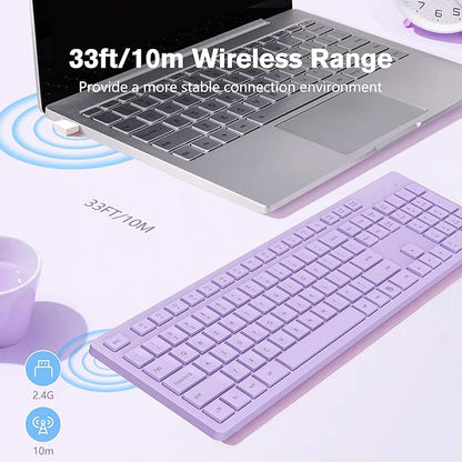 LeadsaiL Purple Wireless Keyboard, 2.4GHz Full-Sized Ergonomic Computer Keyboard, Cordless Noiseless Keyboard,12 FN Shortcuts for Windows MacOS Laptop Computer