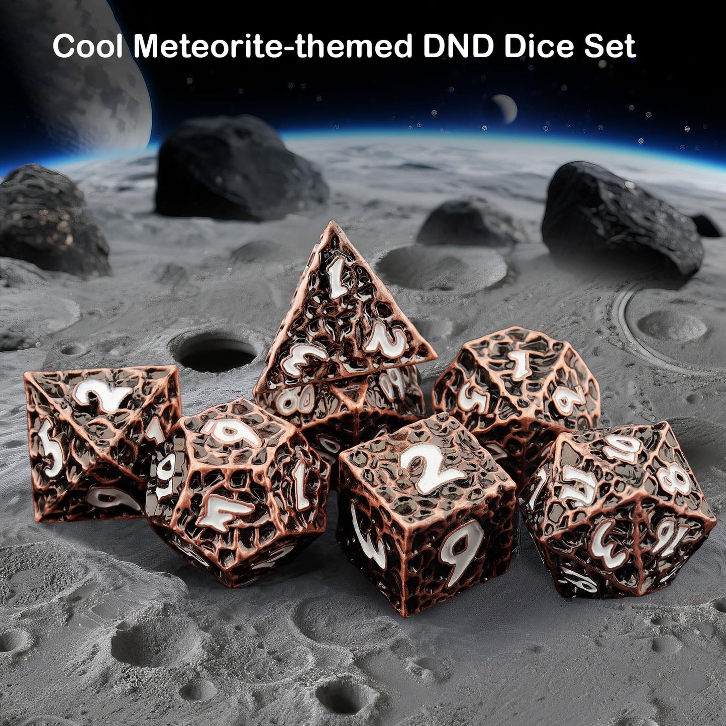Haxtec Metal DND Dice Set, 7 Pcs Meteorite Texture Polyhedral Dice for RPG