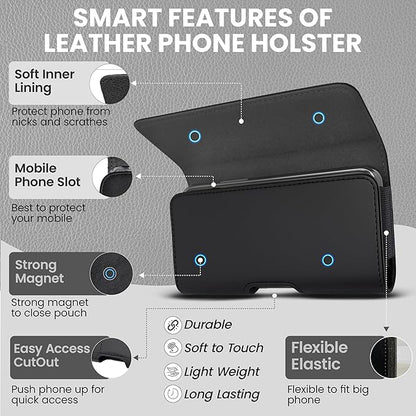 Leather Phone Holster for Men & Women, Horizontal Cell Phone Case, Fits iPhone 13/12 Mini, SE, Xs/X, 8, 6s - Belt Clip/Loop Carrying Phone Pouch Holder, Black Small