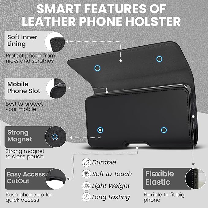 Leather Phone Holster for Men & Women, Horizontal Cell Phone Case - Fits iPhone Air 2025, 16/15/14 Plus/11 Pro Max, XS Max, Belt Clip/Loop Carrying Phone Pouch Holder, Black Large.