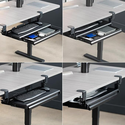VIVO Large Height Adjustable Clamp-on Keyboard Tray, Extra Sturdy Pull Out Platform with Storage Drawer, 27 (33 Including Clamps) x 11 inch Slide-Out Tray with Organizer, Black, MOUNT-KB05HB-DR
