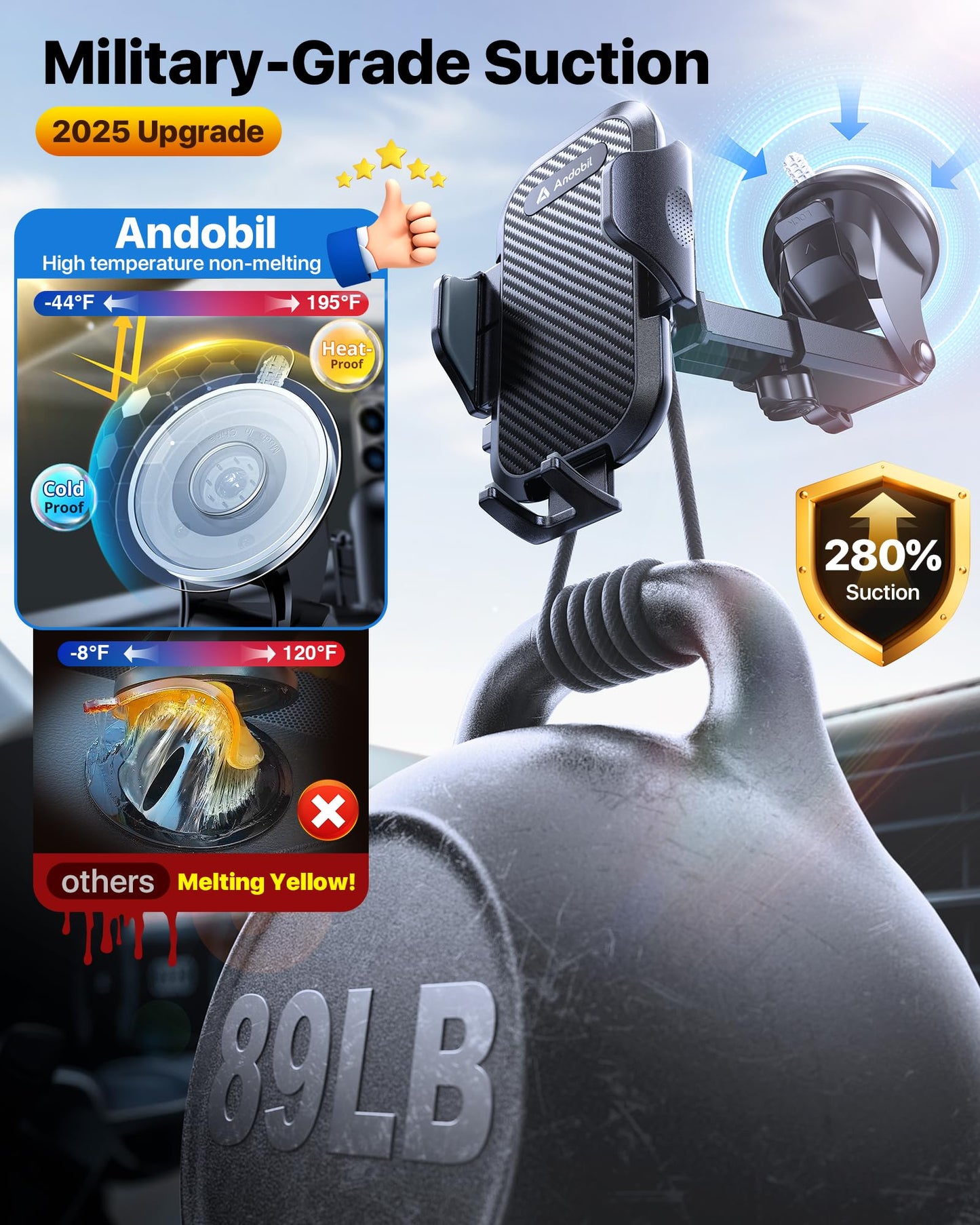 andobil Car Phone Holder, 2026 Military-Grade 89lbs Strongest Suction Phone Holders for Your Car Dashboard/Windshield/Vent Easy Clamp Car Phone Mount Stand for iPhone 17 16 15 14 13 Pro Max Samsung