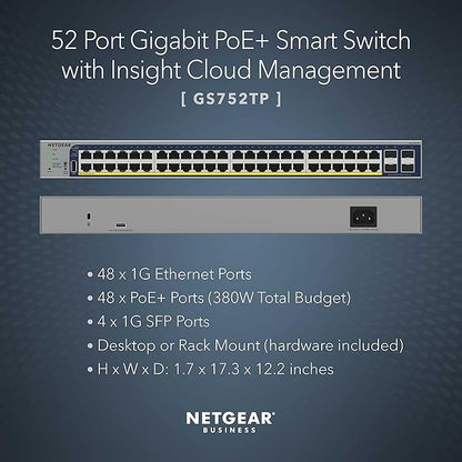 NETGEAR 52-Port PoE Gigabit Ethernet Smart Switch (GS752TP) - Managed, Optional Insight Cloud Management, 48 x PoE+ @ 380W, 4 x 1G SFP, Desktop or Rackmount, and Limited Lifetime Protection