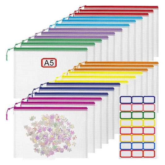 24pcs Mesh Zipper Pouch File Bags Puzzle Storage Bags, A5 Size 9.4 x 6.9 Inches Large Reusable Zipper Pouches for Organizing Classroom Board Game Organization