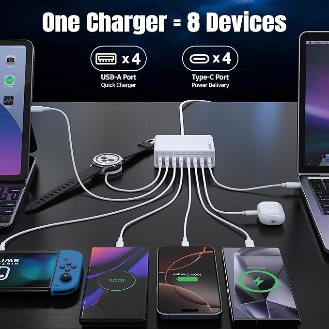 200W GaN III 8-Ports USB C Fast Charger, Type C Block, QC4.0 Fast Phone Charging Station Hub PD 65W Laptop Charger Power Adapter for iPad/Air/Pro iPhone 16/15 MacBook Pro/Air, Galaxy Phones, Tablet