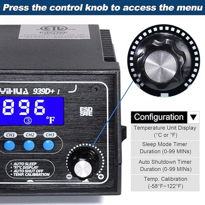 YIHUA 939D+ I Soldering Station, Upgraded, 75 Watt Equivalent with 3 Memories, °C/°F LCD display, Sleep Function, Automatic Shutdown & Brushed Aluminum Panel(Iron-burn Resistant)