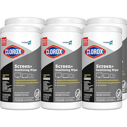 CloroxPro Clorox Screen+ Sanitizing Wipes, Bleach Free Cleaning Wipes, Citrus Blend Scent, 75 Count, Pack of 6