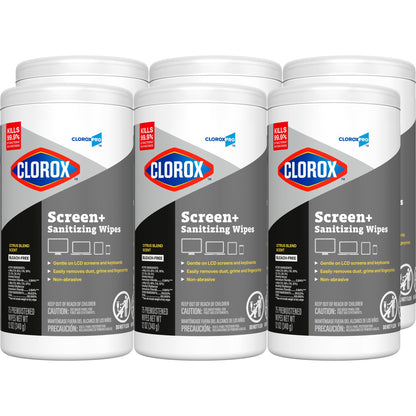 CloroxPro Clorox Screen+ Sanitizing Wipes, Disinfecting Wipes for Electronics, Gentle on Phones, Tablets, LCD Screens, Laptops and Sensitive Surfaces, Citrus Blend Scent, 1 Canister, 75 Wipes, 6 Pack
