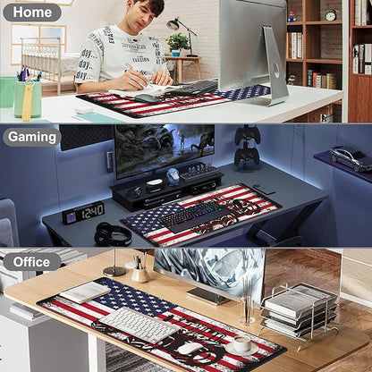 Mouse Pad, Large Vintage USA Flag with Tractor Desk Mat, Extended Non-Slip Gaming Keyboard Mousepad Desk Pad, Thick Stitched Edges Waterproof Mouse Mat 31.5"x15.7" (Retro American Flag)