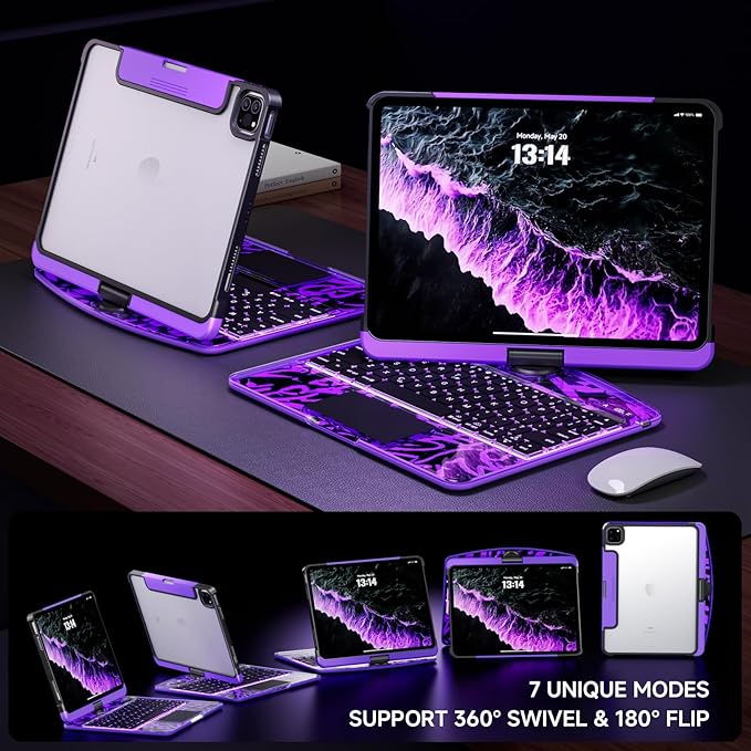 Transparent Case with Keyboard for 2024 iPad Pro 11-inch (M4),with 7-Color Backlit Wireless Keyboard, 360°Rotatable Protective Case Multi-Touch Trackpad,with Pencil Holder,with Shortcuts,Purple