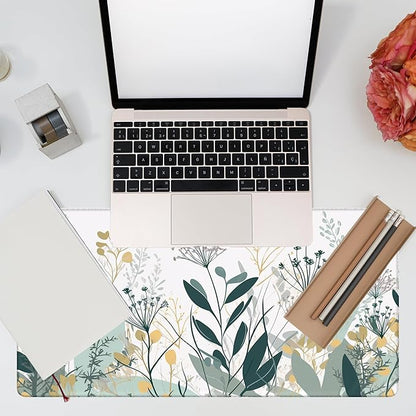 Desk Mat, Green Gold Plant Leaves Desk Pad, Wildflowers Large Gaming Mouse Pad for Desk, 31.5"x15.7" Extended Big Computer Keyboard Mouse Pad with Non-Slip Base and Stitched Edge