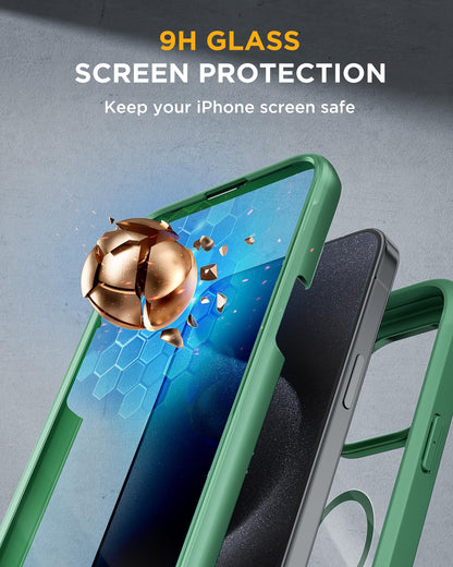 Miracase Magnetic for iPhone 15 Pro Case [Compatible with MagSafe] Full-Body Bumper Phone case with Built-in Glass Screen Protector& Camera Protector, Military Drop Proof 15 Pro Cover, Magnetic Green