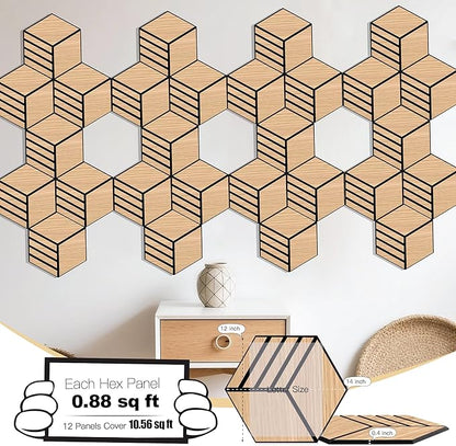 Mollywell Hexagon Acoustic Panels, Natural Oak S4, 14x12x0.4 Inch, 12 Pack |Wood Veneer|High Density Sound Proofing Wall Panels|Self Adhesive Sound Dampening Felt Wall Tiles|Home Theater|Gaming Room|