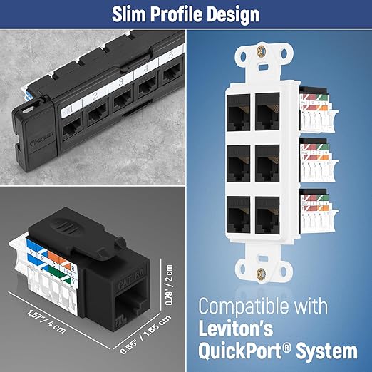 Everest 45° Angled RJ45 Cat6A Keystone Jacks 20-Pack in Black - Slim Profile Female RJ45 Connectors - Cat 6A Keystone Jack - Compatible with 45° Angled Speed Termination Tool - 45Term (B0BL3GS7ZY)