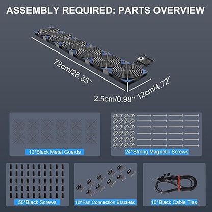 120mmx6 720mm Adjustable Computer PC Vent Fans 3V-12V Speed Controller for Flexible Arrange Cabinet Rack Space Window Wall Server Mining Rig Chicken Coop Exhaust Cooling