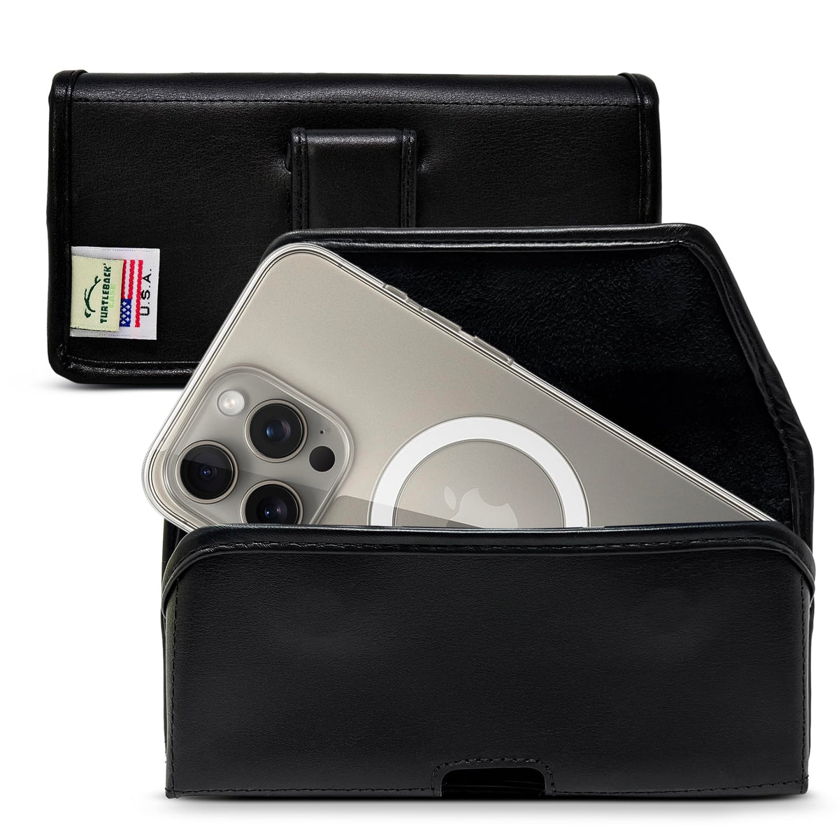 Turtleback Belt Holder for iPhone 16 Pro, 16e, 15 pro 14 Pro 13 Pro -Small- Fits w/Slim MagSafe Style Cases, Premium Black Leather Horiz. Belt Holster, Magnetic Closure, Leather Wrapped Belt Clip