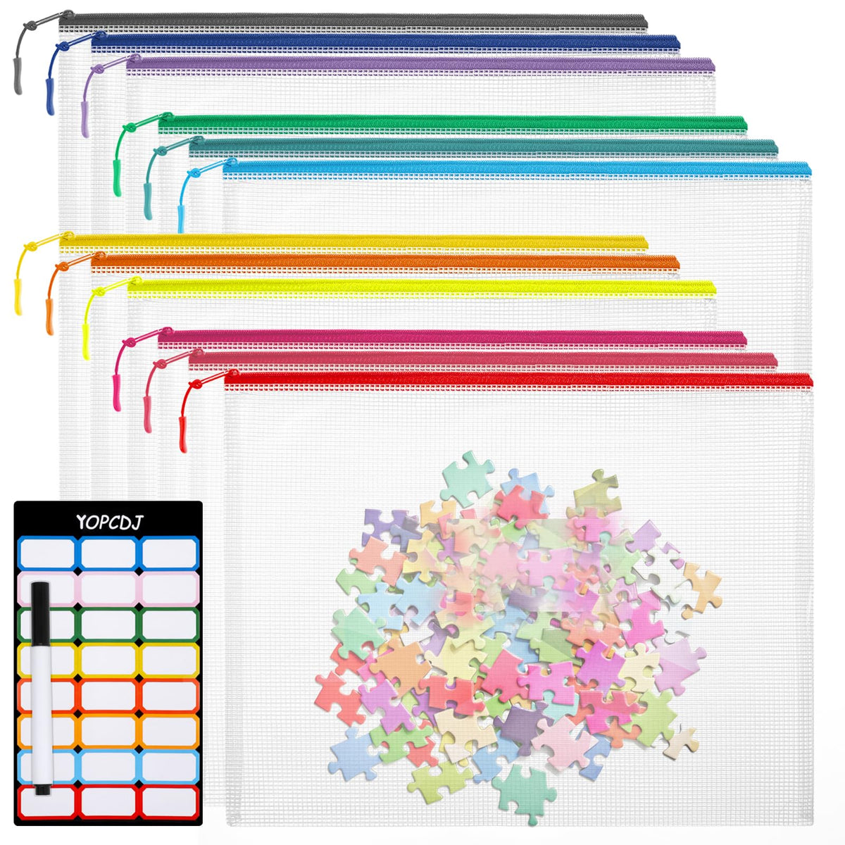 YOPCDJ 12pcs Mesh Zipper Pouch Bags, Extra Large A3 Puzzle Bag for Organizing, 12 Colors, 12 Packs, Classroom Must Have Storage Bag, File Bags for School, Board Games and Office Supplies