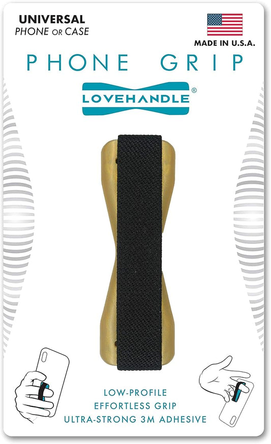 LOVEHANDLE Universal Phone Grip for Smartphones & Mini Tablets - Phone Holder for Hand - Wireless Charging Compatible - Made in the USA - Black Elastic Strap with Gold Base