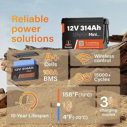 2 PCS Bluetooth 12V 314Ah LiFePO4 Lithium Battery MINI, Max. 4190Wh Energy, EV A+ Cells, Built-in 100A BMS, 15000 Deep Cycles Battery with Low-Temp Protection for RVs, Solar System, Off-Grid