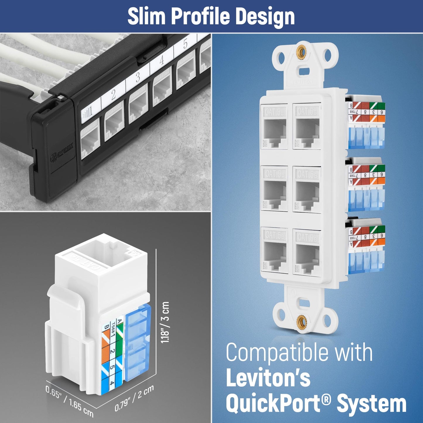 Everest 90 Degree RJ45 Cat5e Keystone Jacks Slim Profile 100-Pack White