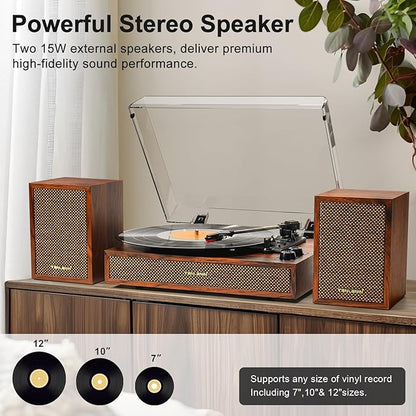 Vinyl Record Player with External Speakers, 3 Speed Vintage Stereo Turntable for Vinyl Records, Bluetooth Input, Auto Stop & Belt Driven System, RCA Out and Aux in - Brown Wood