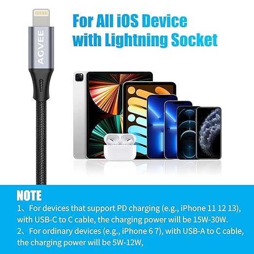 AGVEE 4 inch USB-C Female to Lightning Male Adapter, 30W Fast Charging Charger Converter for iPhone 14 13 12 11 Airpods iOS Device Carplay, Not for Audio, Dark Gray