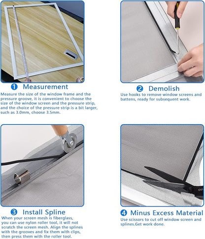 BAYTORY Upgrade Window Screen Repair Kit, Steel/Nylon Roller Tool with Bearing, Spline Removal Hook and 12Pcs Screen Clips Replacement for Installing Door Mesh Screens