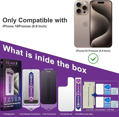 2 Pack Matte Privacy Screen Protector for iPhone 16 Pro Max, 9H Tempered Glass, Full Coverage, Anti-Fingerprint, Auto Dust-Elimination, No Bubble, Easy Installation
